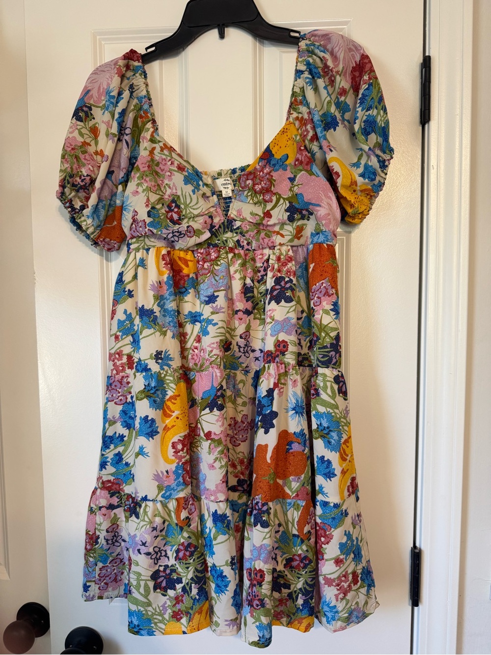 Entro Floral Puff Sleeve Tiered Midi Dress M Boho Cottagecore